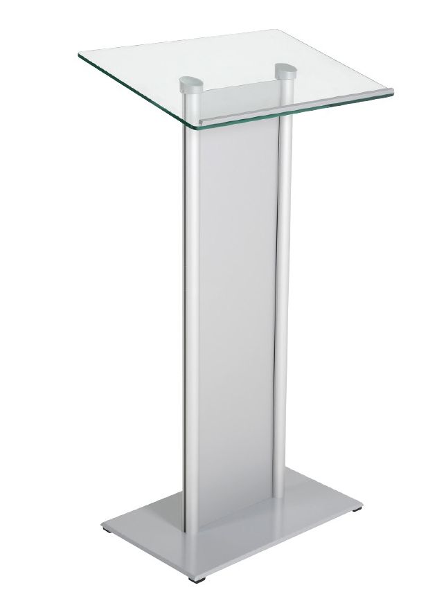 Řečnický pult se skleněným stolkem a čelním panelem - Stříbrná základna A-Z Reklama CZ