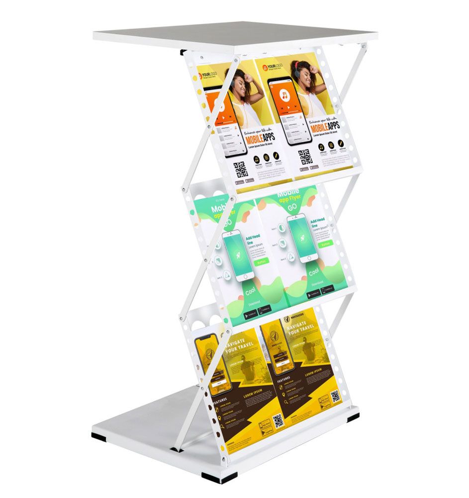 Bílý perforovaný skládací stolek s bílou deskou a zásobníky na 6x A4 A-Z Reklama CZ
