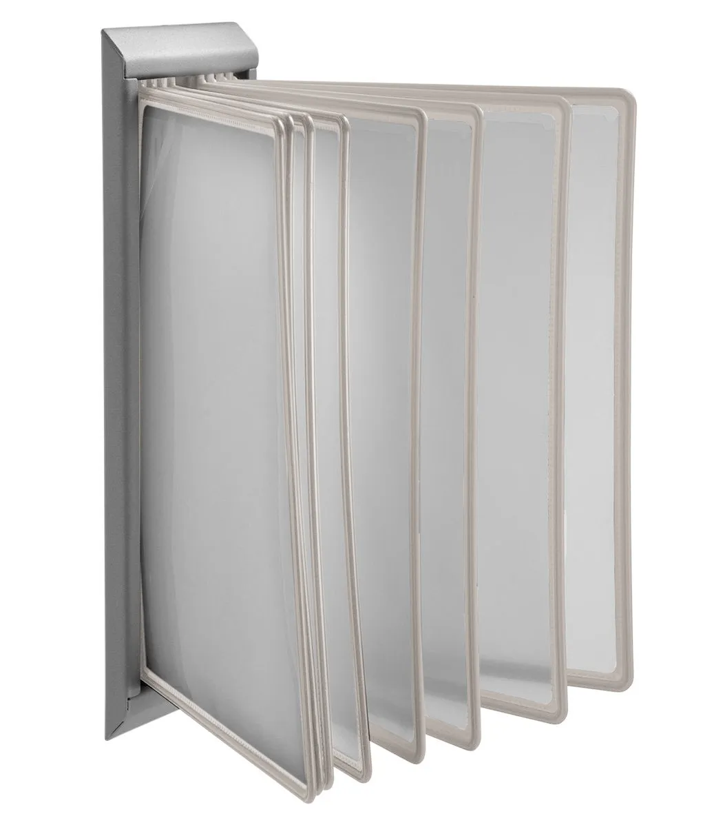 Nástěnný stříbrný kovový držák s 10 šedými kapsami na A4 A-Z Reklama CZ