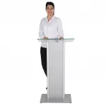 Řečnický pult se skleněným stolkem a čelním panelem - Stříbrná základna A-Z Reklama CZ