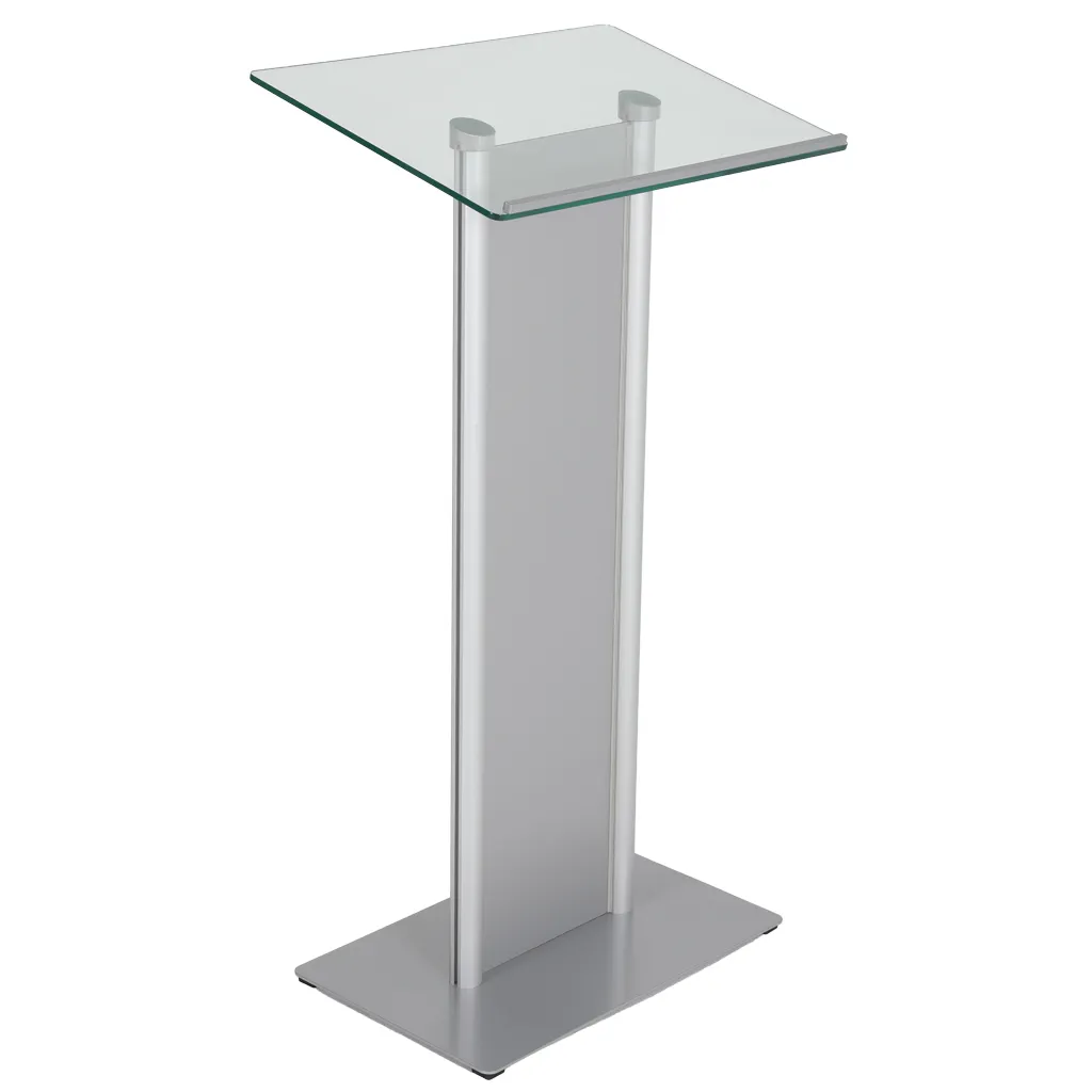 Řečnický pult se skleněným stolkem a čelním panelem - Stříbrná základna A-Z Reklama CZ