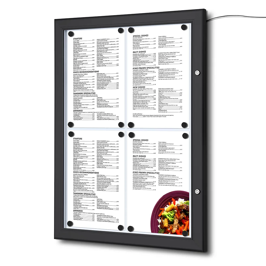 Světelná Černá Menu vitrína na stěnu pro 4xA4 listy A-Z Reklama CZ